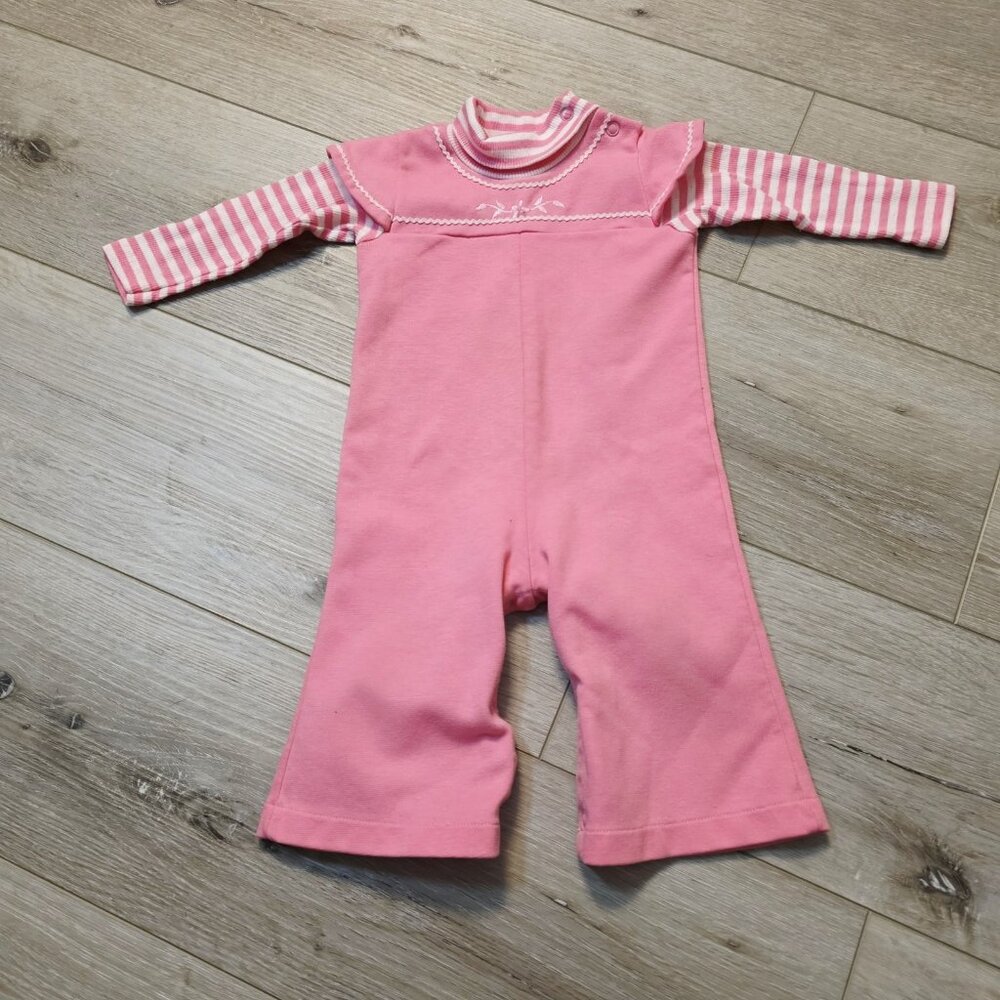 Vtg Pink Long Sleeve Carter's Baby Floral Striped Romper Sz 12 Months